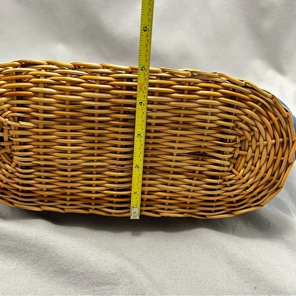 Straw Studios Blue Denim Handmade Rattan Trimmed Zipper Close Tote Handbag - Picture 14 of 14